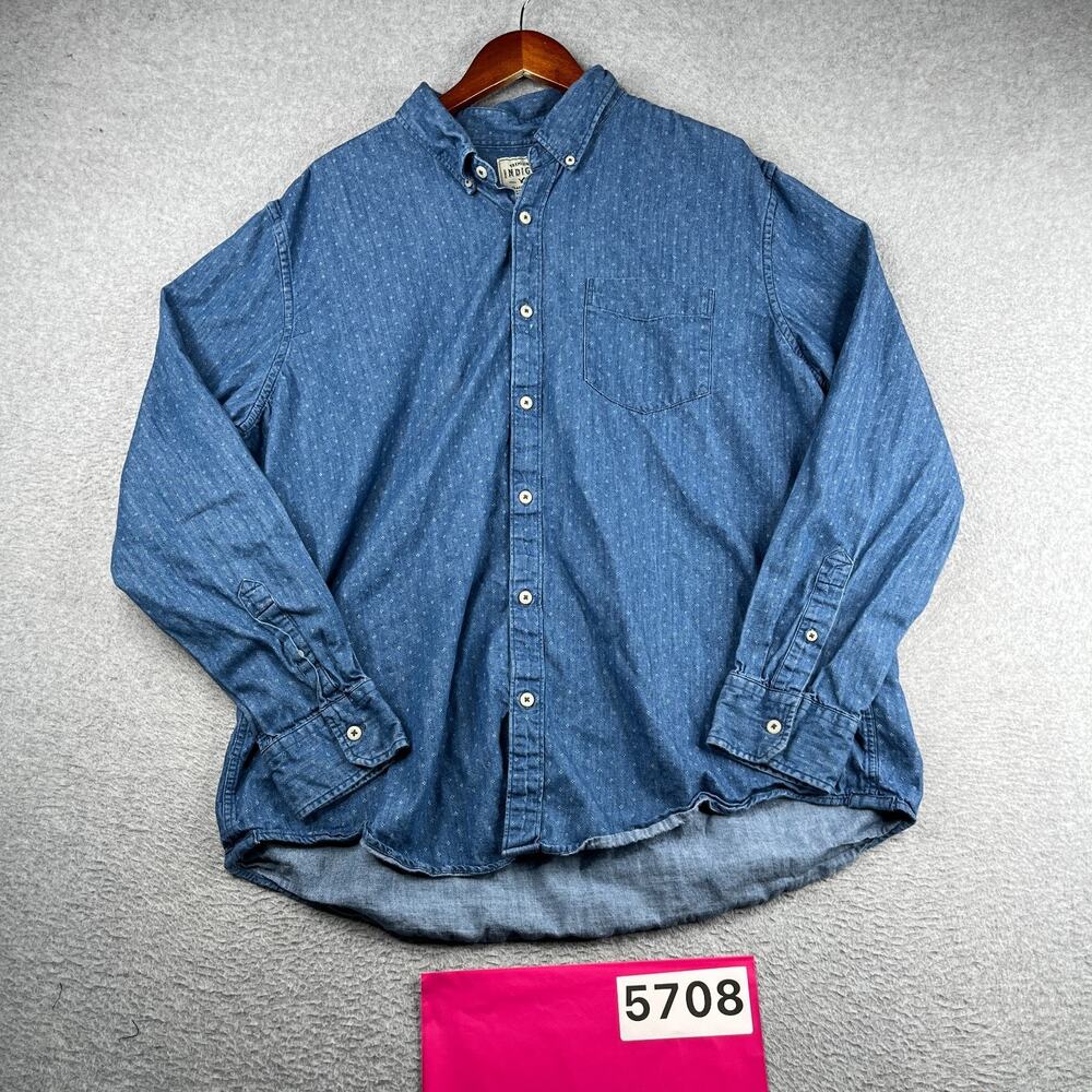 Premium Indigo Shirt Blue White Dot Print Casual Button Up Long Sleeve Mens 2XL